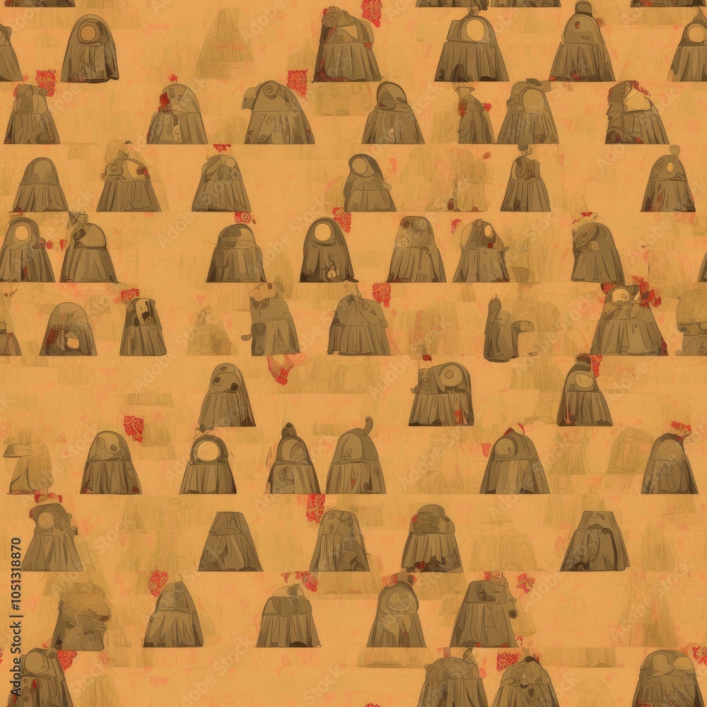 Poster a repeating pattern of cloaked figures on an aged background.