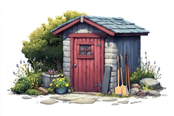 Rustic Wooden Shed with Red Door and Stone Wall  Flowers  and Garden Tools
