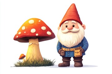 Obraz premium Cartoon Garden Gnome Standing Beside a Red Mushroom