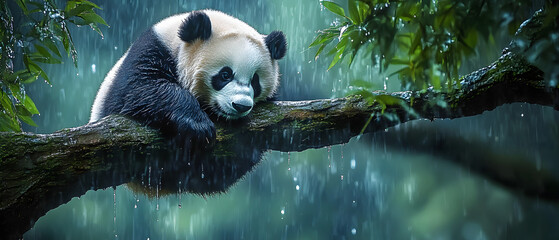 Obraz premium A panda bear seated on a tree branch, rain cascading down its face, head reclining for support