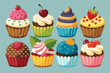 Set of cupcakes with sprinkles. A variety of cupcakes, each adorned with distinct toppings