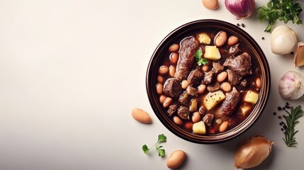 Fototapeta premium A bowl of hearty beef stew with potatoes, beans, and vegetables, shot from above on a white background.
