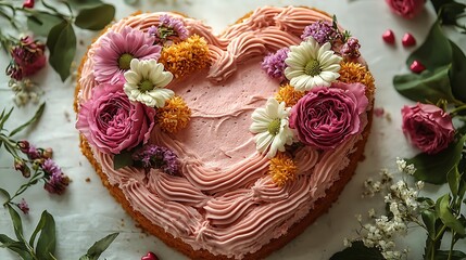Fototapeta premium Heart-Shaped Cake Decorated with Fresh Flowers for Valentine's Day