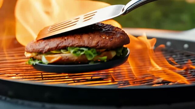 closeup shot grill lid opening revealing spatula flipping Meat burger patties flames capturing deliciousness cooking slow motion 4K resolution food patty beef bar b q hamburger preparation