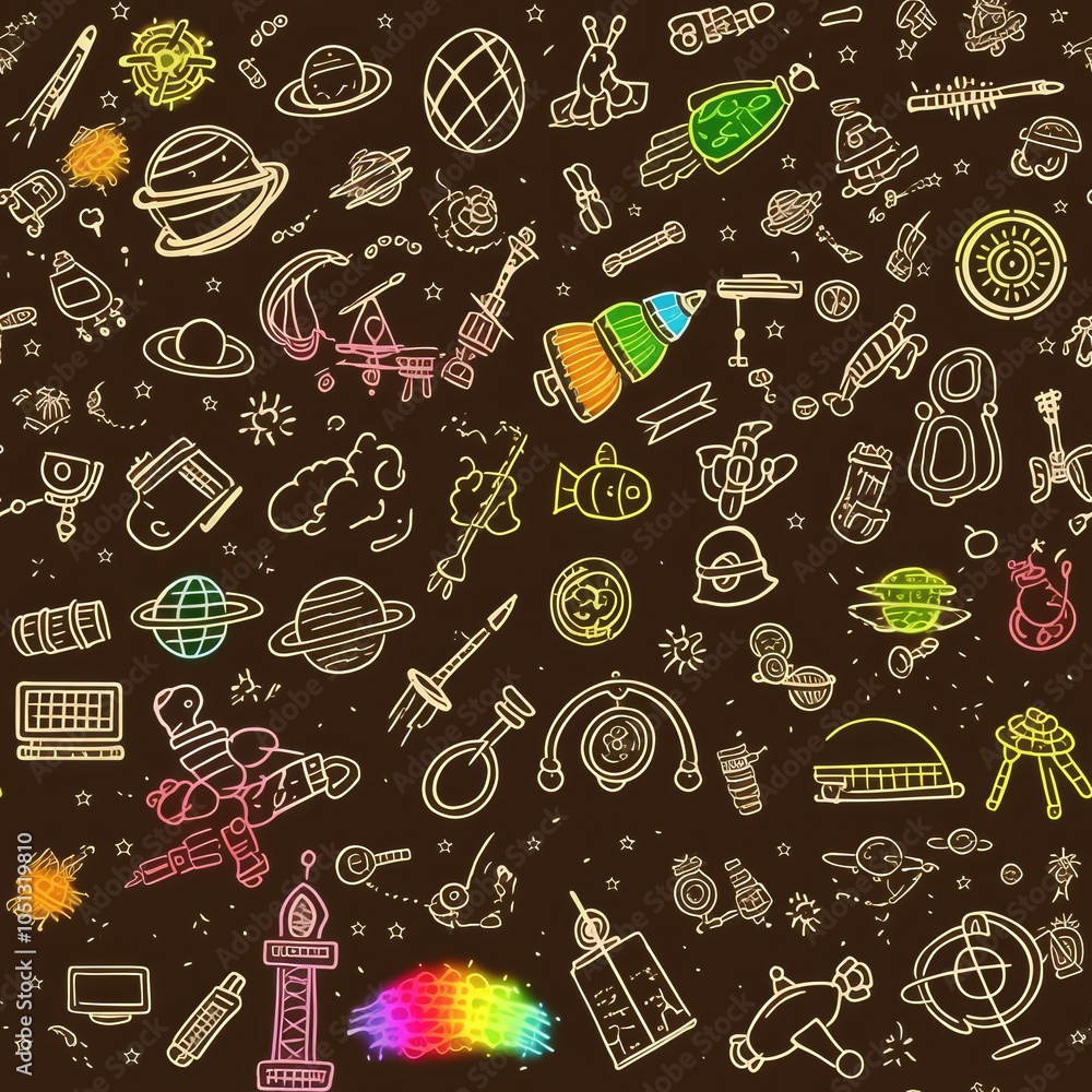 Poster a seamless pattern with colorful doodles of space, planets, rockets, stars, and other related object
