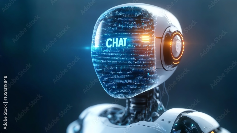 Poster futuristic chatbot robot head with glowing elements, digital data background.