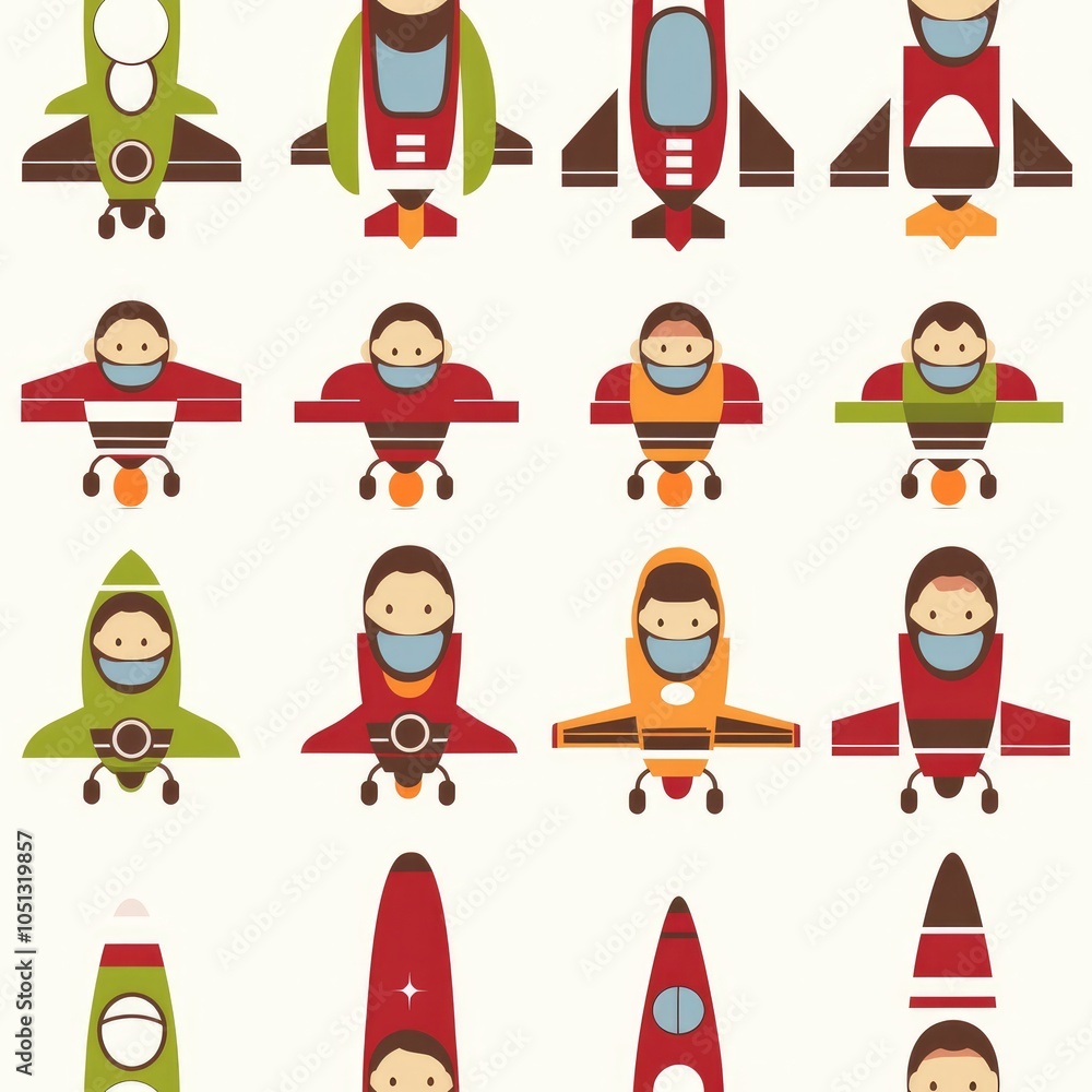 Poster a set of 16 colorful cartoon rocket ship icons in different shapes and sizes.