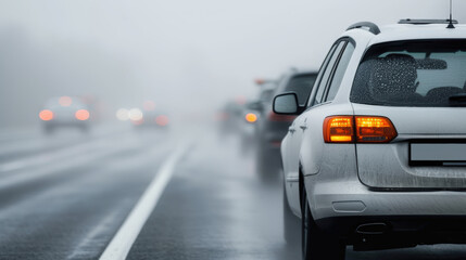 multi car pile up on foggy highway creates tense atmosphere as vehicles are caught in low visibility conditions. scene highlights dangers of driving in adverse weather