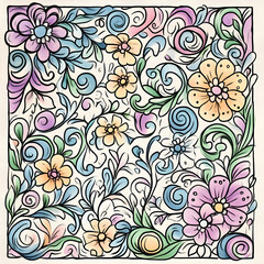 Fototapeta premium Geometric and Organic Doodle Tile and Carpet Designs with White Borders | Hand-drawn, Abstract, Floral, and Symmetrical Patterns in Soft Pastel and Earth Tones