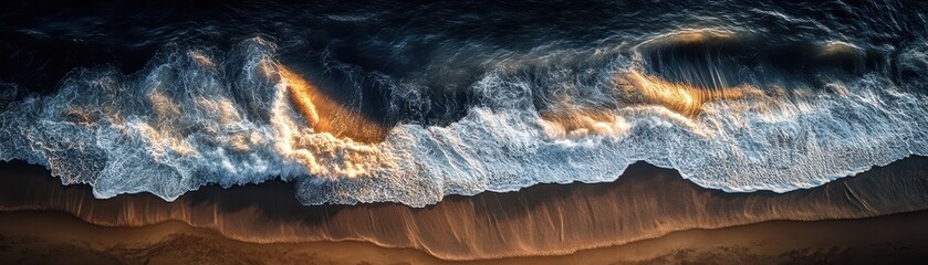 Fototapeta premium Aerial View of Ocean Waves Crashing on Sandy Beach at Sunset with Golden Light Reflections