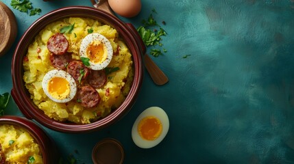 A bowl of mashed potatoes with sliced sausage, two halved boiled eggs, and parsley on top.