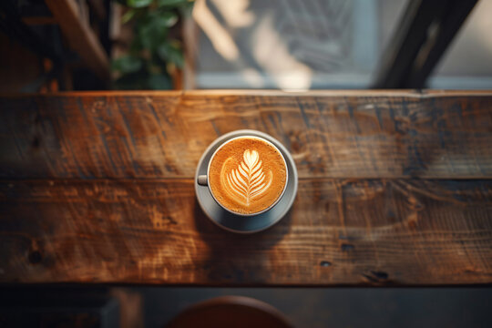 Cup of cappuccino coffee with latte art on wooden table in cafe, top view. retro color filter photography, professional photo shoot