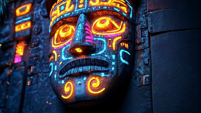 Hawaiian tiki tribal sculpture Shining neon light, Closeup of a carved wooden tiki mask with glowing eyes, generative ai