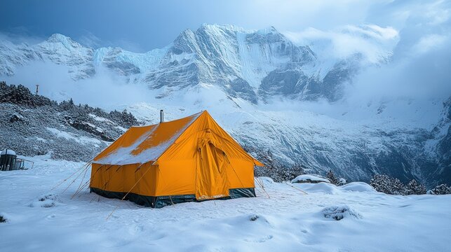 Orange Tent in a Snowy Mountain Valley