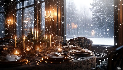 A luxurious winter dining room, set with a festive centerpiece and candles, snow falling gently outside.