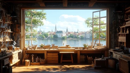 Fototapeta premium A Carpenter's Workshop with a View of a City and Water