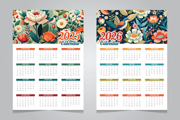 Calendar 2025 and 2026 design template with abstract flower background