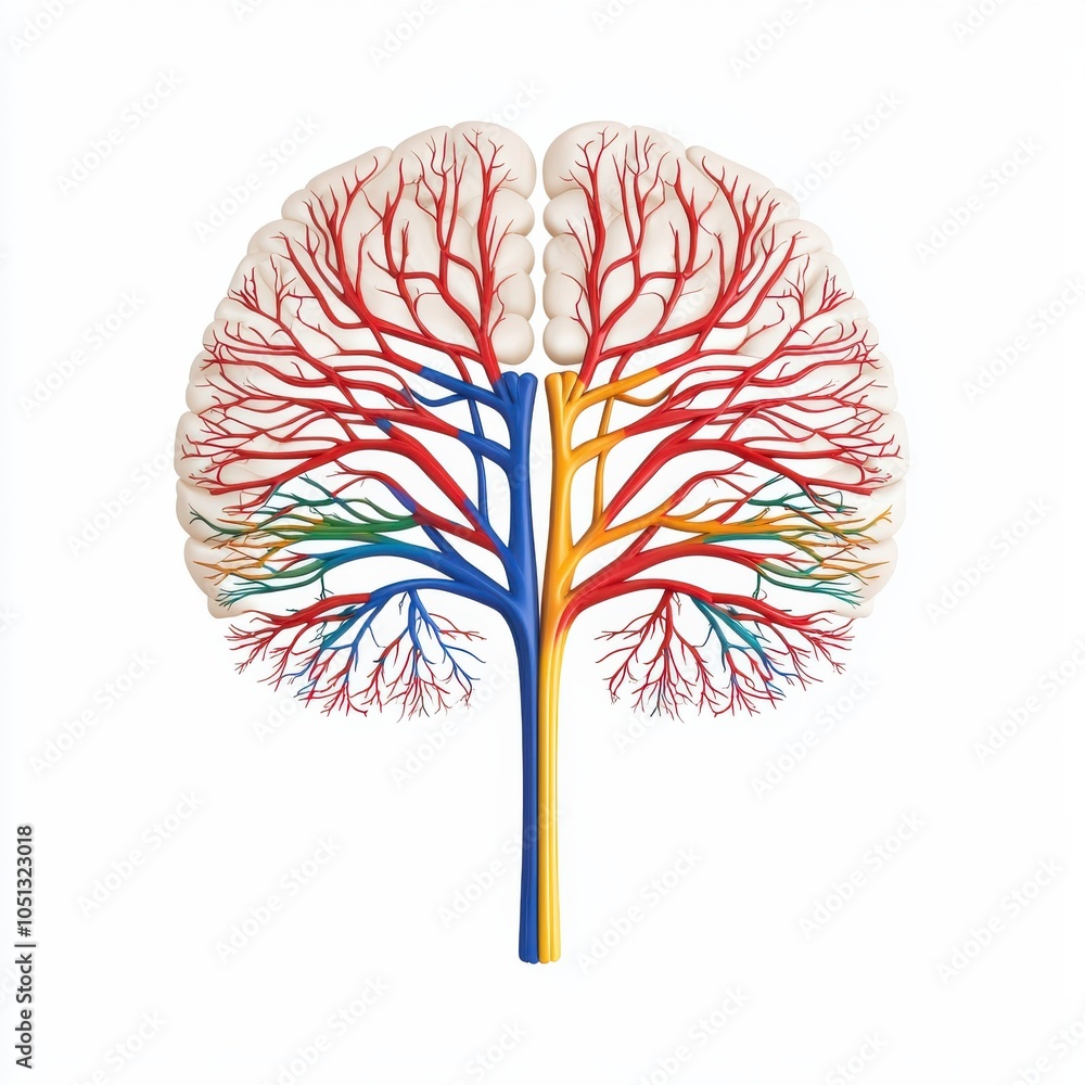 Poster an artistic representation of a brain with colorful vascular structures showing the intricate networ
