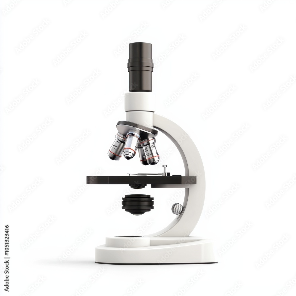 Poster a sleek, modern microscope with multiple objective lenses, designed for scientific observation and r