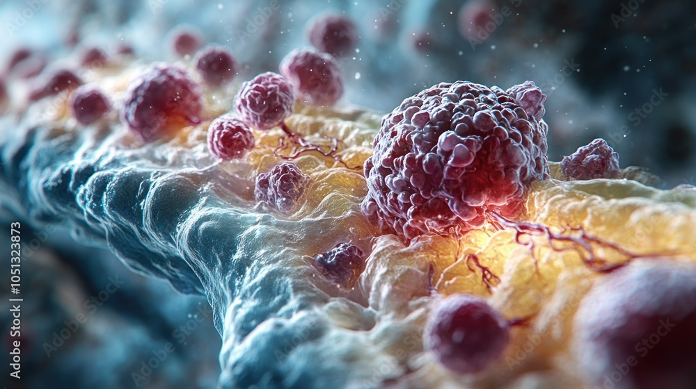 Poster microscopic view of cells interacting in a biological environment.