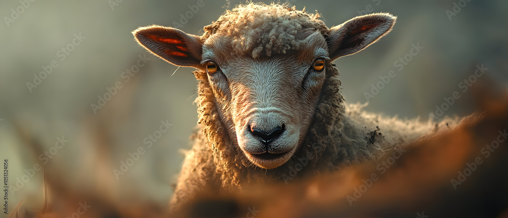 Poster a tight shot of a grubby-faced sheep with a disapproving expression against a hazy backdrop