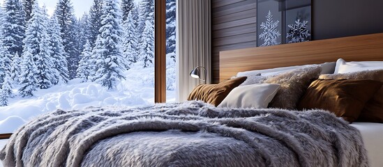 A modern winter-themed bedroom with fluffy blankets, a wooden headboard, and snow-covered trees visible outside.