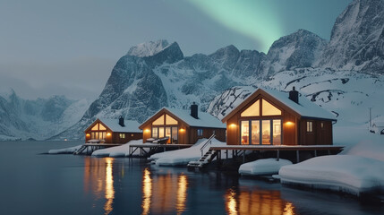 Fototapeta premium serene winter scene featuring traditional wooden cabins illuminated by warm lights, set against backdrop of majestic mountains and enchanting aurora borealis. calm water reflects stunning colors of