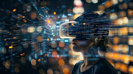A person wearing virtual reality goggles, immersed in a digital world, representing cutting-edge innovation in immersive technology, innovation