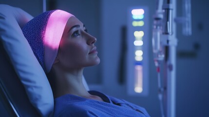 "Front view of a patient wearing a headscarf, calmly receiving chemotherapy treatment in a clinical