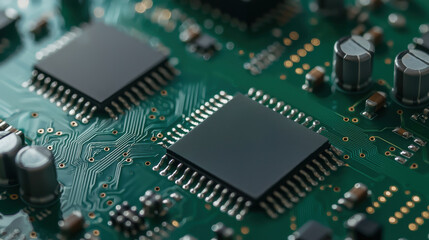 Obraz premium Close-up of circuit board with microchips and electronic components on green background.