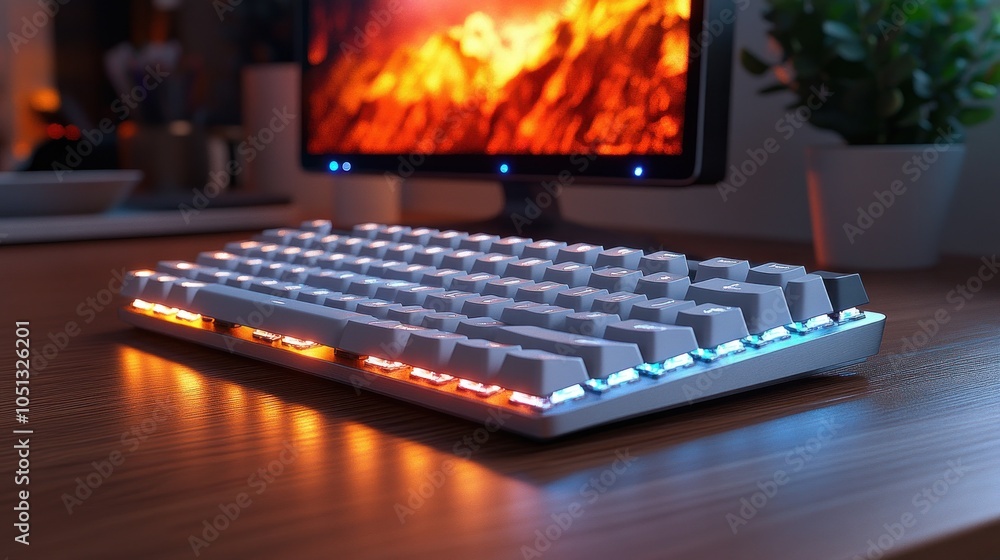 Poster a backlit mechanical keyboard on a wooden desk with a monitor.