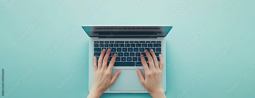 Poster hands typing on laptop keyboard with minimalist background
