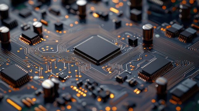 Close-up view of a microchip and circuit board with intricate details and glowing components.