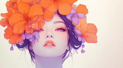 Red flowers piled up the faces of beautiful women