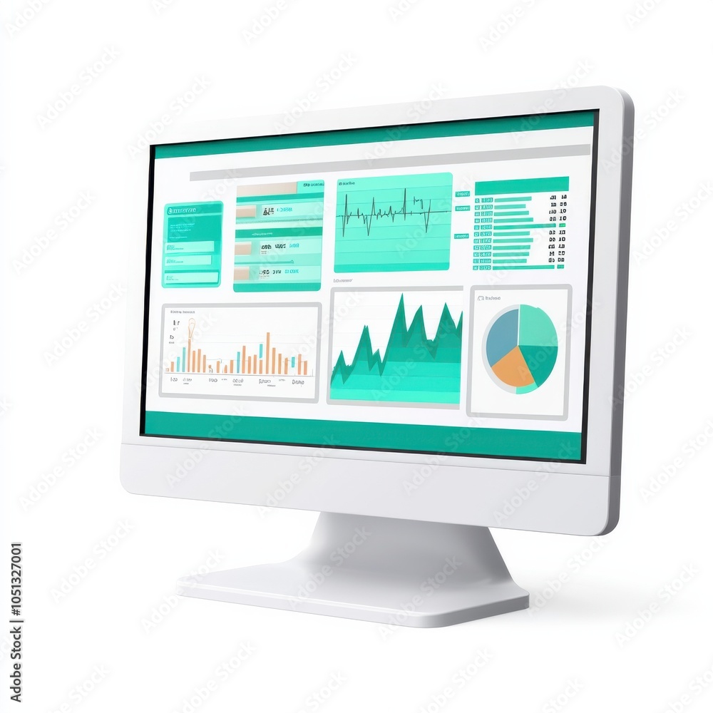 Poster a modern computer monitor displays colorful data visualizations, showcasing graphs, charts, and anal