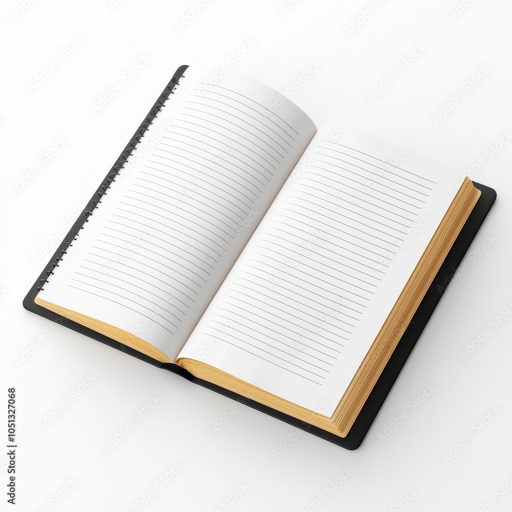 Poster an open notebook with blank pages, ready for writing, featuring a spiral binding and a classic black