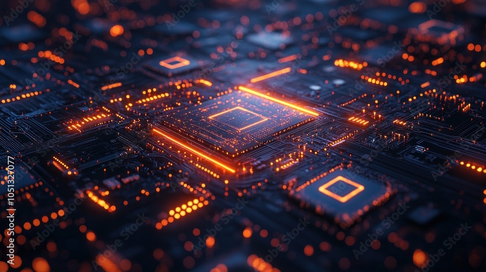 Poster abstract representation of a circuit board with glowing elements.