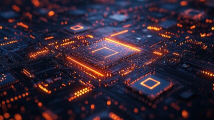 Abstract representation of a circuit board with glowing elements.