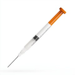 Fototapeta premium A syringe with an orange cap, used for medical injections, featuring a clear barrel and a fine needle for precise dosage.