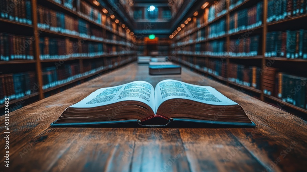 Poster open book in a library with blurred bookshelves in the background