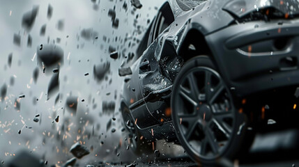 Fototapeta premium car collides with traffic barrier at high speed, causing debris to scatter dramatically. intense impact creates chaotic scene filled with flying rocks and sparks