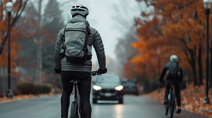 Cyclist riding on foggy road surrounded by autumn trees, showcasing serene yet cautious atmosphere. scene captures essence of urban cycling in cooler weather
