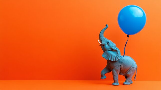 A cute blue elephant merrily trots while holding a bright blue balloon, surrounded by an energetic orange background that enhances its charm