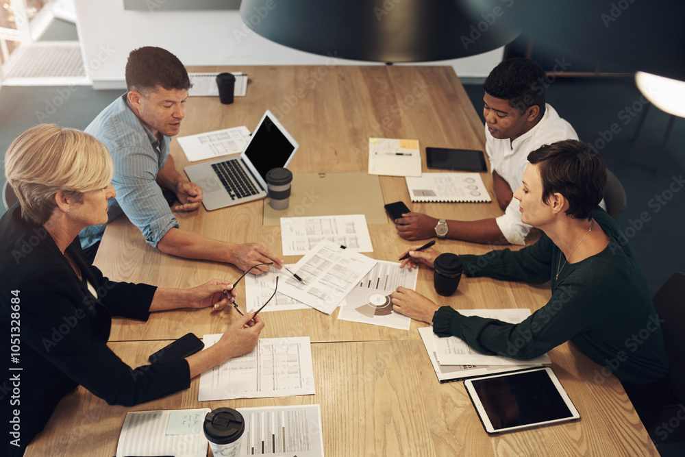 Poster Meeting, business people and tablet with paperwork, working and web content creation. Startup, office above and professional group with digital and ux design notes with diversity and online project