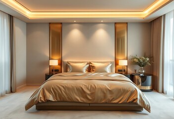 Modern Luxurious Bedroom Interior Design with Gold Accents and Large Bed