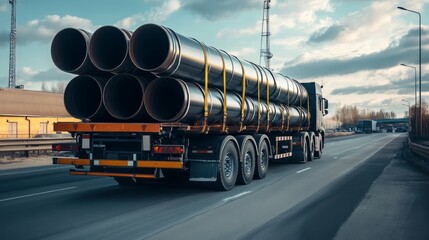 A sturdy truck loaded with massive metal pipes navigates through a bustling highway surrounded by construction activity, showcasing industrial transport