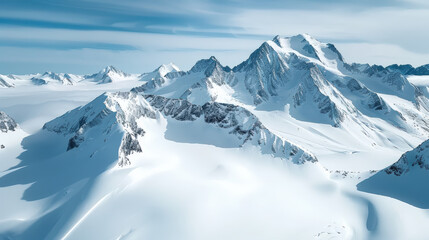 Obraz premium Majestic snow covered mountains rise dramatically against clear blue sky, showcasing beauty of natures rugged terrain. serene landscape evokes sense of tranquility and awe