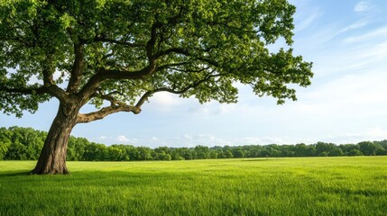 Obraz premium Lush green tree in a vibrant field under a bright blue sky.