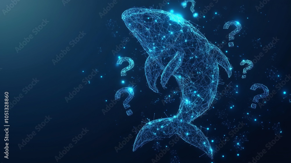 Poster abstract whale with an array of question marks, featuring a dark blue background, low poly wireframe