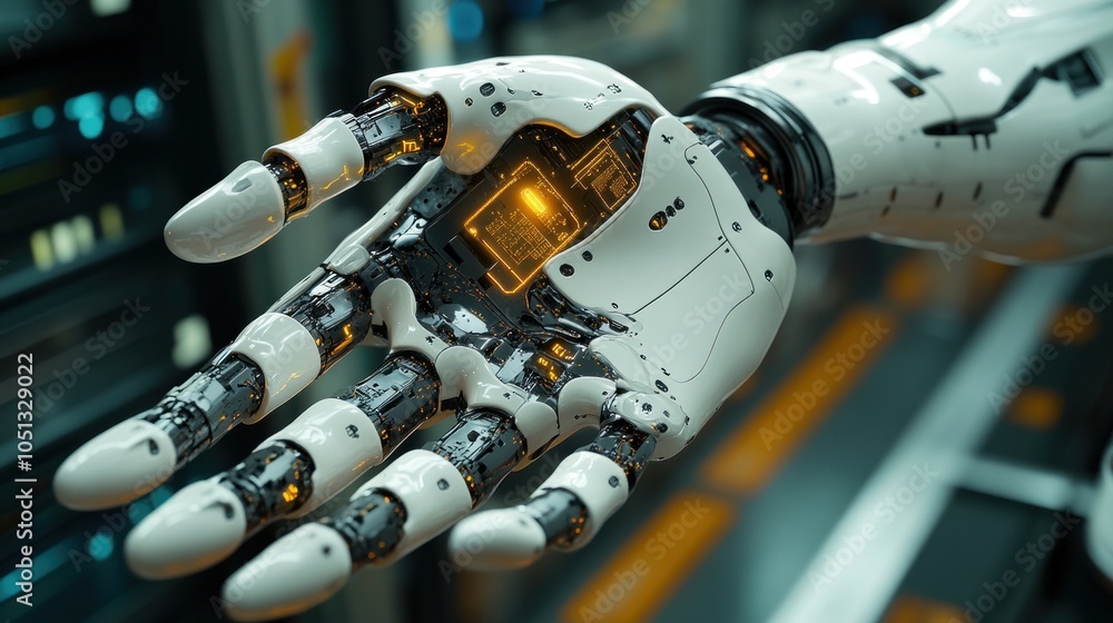 Poster close-up of a robotic hand showcasing intricate circuitry and design.